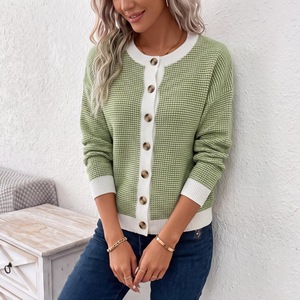 Cardigan pour femme, vert herbe, col rond, tricoté, color block, coupe ample, automne-hiver, style Europe-Amérique, tailles SMLXL - Product Image 2