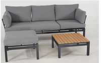 Ensemble de salon de jardin 4 pièces en aluminium noir mat, résistant aux intempéries, avec table basse à lattes en bois et ottoman amovible et imperméable