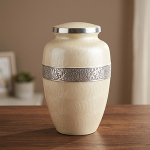 Urna Funeraria Beige con Banda Plateada, Urna Conmemorativa Redonda para Cenizas, Florero Decorativo para Uso Funerario - Artesanía India - Product Image 3