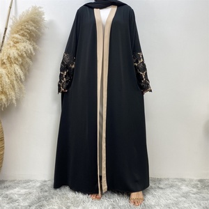 Dark Black Match Beige Hot Sell Muslim Women Open Abaya With Floral Lace Middle East Long Robe <b>Cardigan</b> for Ramadan 1502# - Product Image 5