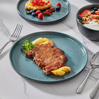 EKA Ensemble de 12 assiettes en céramique à glaçure réactive bleue, vaisselle, OEM/ODM, service de table moderne, vente en gros pour la maison et les restaurants