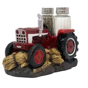 Red Farm Tractor Salt and Pepper Shaker Set in Antique Look As Decorative Spice Rack for Rustic Country Kitchen Decor