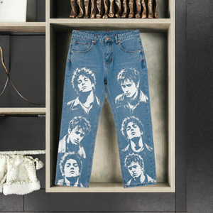 Jean en denim imprimé pour homme 100% coton, taille mi-haute, devant plat, tissu peigné, coupe droite, style décontracté, streetwear, pantalon de travail - Product Image 4