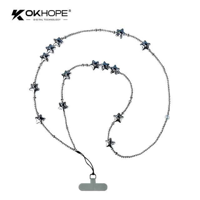 OKHOPE Y2K Silver Star Phone Chain Anti-Lost Crossbody Lanyard Universal Metal Beaded Phone Strap with Patch