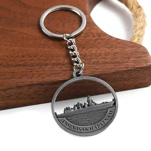 Custom Zinc Alloy Hollow Round Shape Key Chains Wholesale Cities Souvenir 3D Antique Silver Metal Keychain Custom