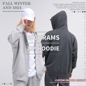 เสื้อฮู้ดดี้ผู้ชายผ้าเฟรนช์เทอร์รี่หนา 400 กรัม แบบซิปคู่ ทรงหลวม ไหล่ตก ซิปโลหะคู่ - Product Image 3