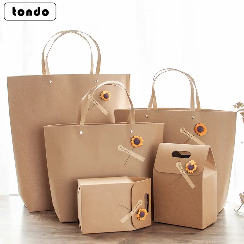 Tondo Recycled Printing Brown Kraft Christmas Paper Gift Bags With Handle