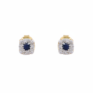Joyería Fina hecha a mano para mujer, Gema de zafiro Natural redonda con racimo de diamantes, pendientes de oro amarillo sólido de 14K, pendientes con tachuelas - Product Image 1