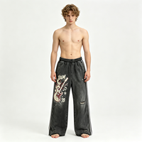 Pantalon gris délavé style vintage, coupe ample, effet usé, streetwear, avec motif guitare JAM 78, pour homme et unisexe, vente en gros
