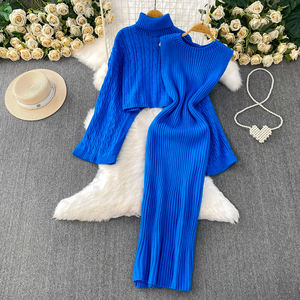 Setelan Wanita Dua Potong Rajutan Kabel, Atasan Tunik Lengan Panjang, Gaun Slim Fit Elastis, Setelan Wanita Murah 2 Pcs - Product Image 3