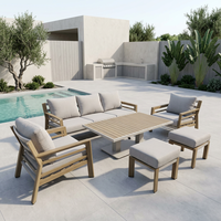 Ensemble de salon de jardin 6 pièces en aluminium effet bois moderne, 7 places, avec table basse réglable en hauteur et ottoman