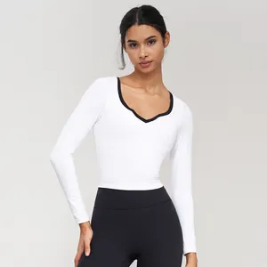 2 In 1 Piece Women Contrasting Color Workout Crop Shirt V Neck Long Sleeve Yoga Tops