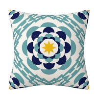 Housse de coussin en polyester méditerranéen imprimée bleue, décoration en lin simulé