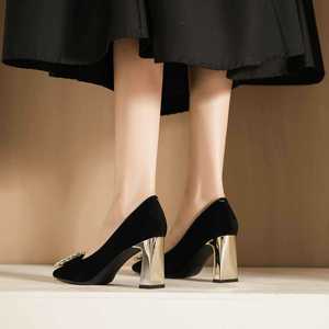 Zapatos de Tacón Alto 7777L-223 con Punta Puntiaguda, Terciopelo Negro, Decorados con Pedrería, Tacón Cuadrado, Zapatos de Novia, Tacón de 5cm-8cm - Product Image 3