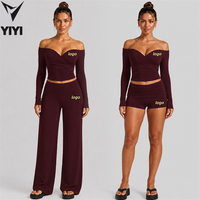 Nouveauté Automne Ensemble 2 Pièces Sport Femme : Hauts Sans Bretelles Épaules Dénudées Manches Longues et Pantalon Taille Haute Ample pour Gym, Yoga et Activités Sportives
