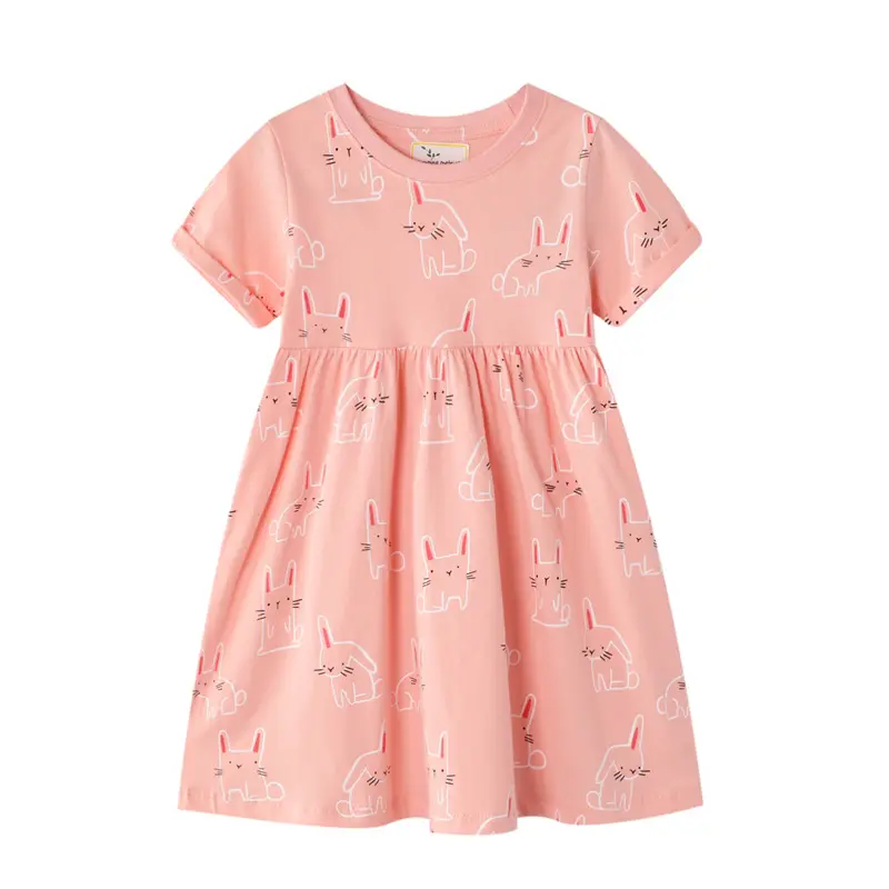 Großhandel 100% Baumwolle Kinder kleidung Rosa Mädchen Kurzarm Kleid Kinder Print Design Kleid