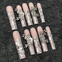 Faux ongles à presser 3D rose super longs et mignons, faits à la main, en ABS, forme cercueil longue ou carrée