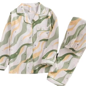 Pyjama en <span class=keywords><strong>satin</strong></span> pour femme, nouvelle collection printemps-automne, simple et décontracté, pantalon à manches longues, taille élastique, confortable, en coton nuage, ensemble de vêtements de maison - Product Image 2