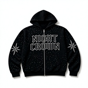 Sweat à capuche zippé Night Crown pour homme, imprimé étoiles noires, style streetwear, coupe oversize, 100% coton tricoté, anti-rétrécissement, doublé, pour l'automne - Product Image 1