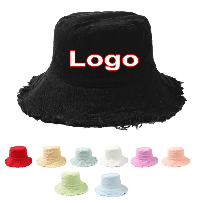 Customized Logo Korean Rough Edge Bucket Hat Women Spring Summer Thin Edging Sun Hat Solid Color Retro Old Washing Basin Hat