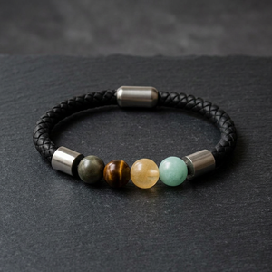 Bracelet en cuir tressé avec perles de pierre, fermeture magnétique, bracelet en pierres précieuses naturelles, bijoux multicolores, cadeau - Product Image 4
