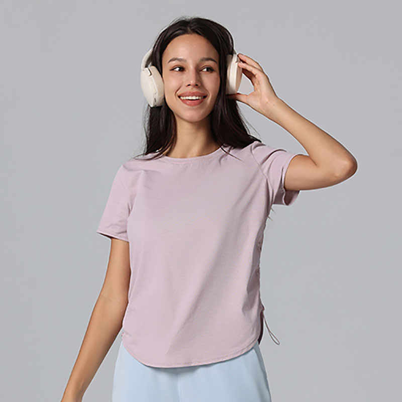 Women's Round Neck Short Sleeve Workout Shirts Athletic Tops Breathable Yoga Curve Hem Sports T-Shirts With Drawstring at Side