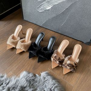 Nouvelles mules à talons hauts en fourrure pour le printemps, à bout pointu, style stiletto, confortables et tendance pour femmes - Product Image 6
