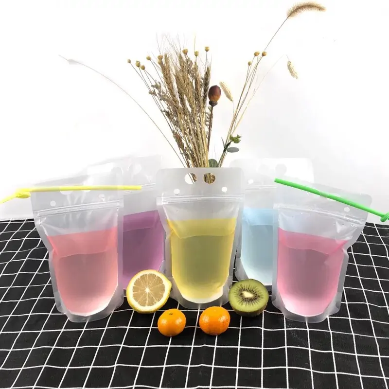 500ml Kein Druck Matte Stand Up Zipper Clear Food Plastik getränk Saft beutel mit Strohhalm