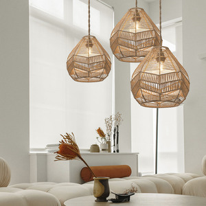 Hand Woven Paper <b>Rope</b> Lampshade Imitation Rattan Pendant <b>Light</b> E27 Led Round For Homestay Tea Room Restaurant - Product Image 3