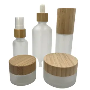 空磨砂透明化妆品乳液容器乳液玻璃喷雾泵瓶与天然木竹帽