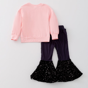 Set 2 Pezzi RTS per <span class=keywords><strong>Bambina</strong></span>: Maglietta Invernale in Cotone Organico con Maniche a Volant e <span class=keywords><strong>Pantaloni</strong></span> a Zampa con <span class=keywords><strong>Paillettes</strong></span> Nere - Product Image 2