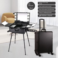 Valise trolley Bluetooth en alliage d'aluminium pour maquilleurs, pliable, multifonctionnelle, pour tatoueurs, boîte à outils de beauté, avec éclairage et poignée télescopique, pour cosmétiques
