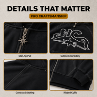 Sudadera con capucha personalizada de 460GSM con costuras en contraste, bordado de contorno de grafiti negro, tirador de cremallera con estrella, estilo urbano, fabricante OEM ODM