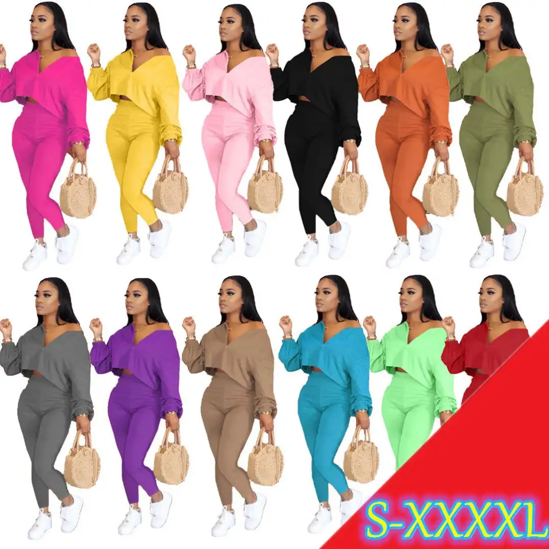 (RTS) L128 Quick shipping spring autumn women sexy zipper 2 piece spandex set solid color elegant elastic cuff fall fashion 2020