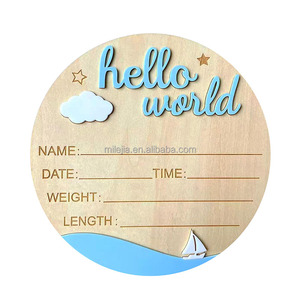 Signe cadeau de naissance en <span class=keywords><strong>bois</strong></span> personnalisé pour nouveau-né Annonce de nouveau-né Plaque en <span class=keywords><strong>bois</strong></span> Hello World Sign avec statistiques de naissance gravées pour la pépinière - Product Image 4