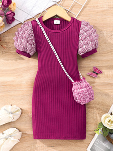 Abito a bolle manica corta per ragazze tessuto a maglia leggera con decorazione a bottone di piccole medie dimensioni per bambini tinta unita estate - Product Image 5