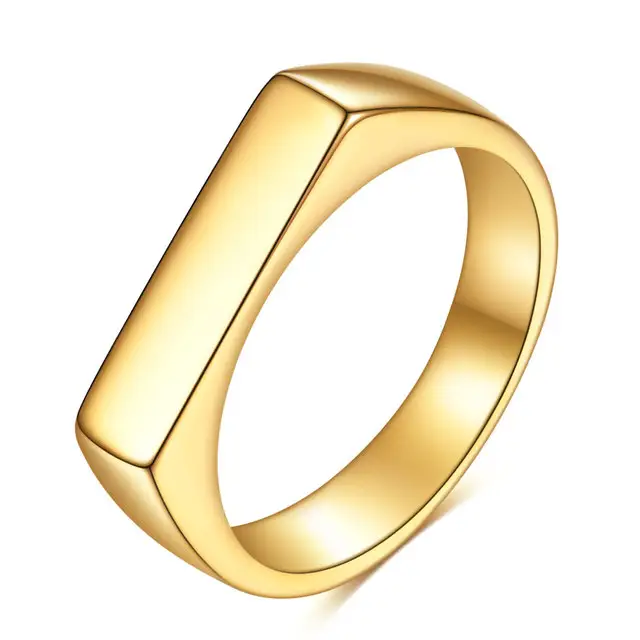 Gold Plated Stainless Steel Square Band Flat Top Signet Women Men's Ring Design