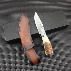 Coltello da Caccia Damascus 67 Floor con Manico in Corno di <span class=keywords><strong>Cervo</strong></span>, Affilato per Campeggio e Sopravvivenza all'Aperto, con Custodia in Pelle - Product Image 2