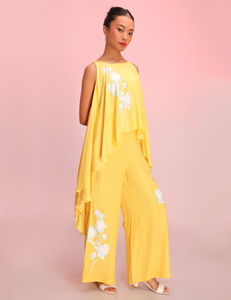 Pantalon palazzo à jambes larges imprimé floral jaune pour femmes, taille haute, décontracté, ethnique, vêtements de détente, pantalon élégant et confortable - Product Image 3
