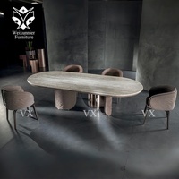 Ensemble de table à manger de luxe moderne italienne haut de gamme avec plateau en marbre et pieds en acier inoxydable, personnalisable pour hôtel et villa