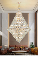 Lustre LED en cristal doré, idéal pour les atriums d'hôtels, les villas et les salons avec escaliers en colimaçon