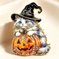 Bros Kucing Halloween Berhias Berlian Imitasi Enamel, Pola Porselen Biru, Lencana Logam, Pin Dekorasi Pakaian