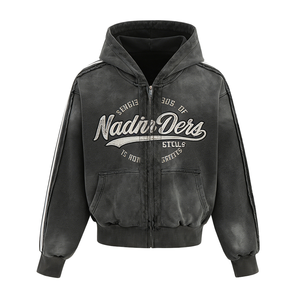 Sweat à capuche zippé style Hip Hop délavé, impression DTG Kornit personnalisée, vêtement <span class=keywords><strong>patchwork</strong></span>, sweat à capuche oversize pour homme - Product Image 3