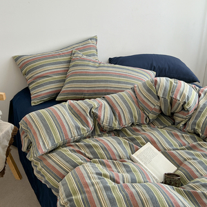 Juego de Ropa de Cama de Algodón Lavado Vintage de 4 Piezas, Juego de Funda Nórdica a Rayas Retro, Ropa de Cama Transpirable y Suave para Hotel o Casa de Campo Moderna - Product Image 4