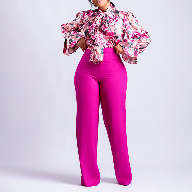S-XXXL Autumn and Winter Loose Large Casual Print Long-sleeved Shirt Wide Leg Pants Two-piece Set  Women s Sets