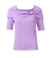Blusa de punto elegante para mujer con cuello barco, decoración de lazo con perlas hechas a mano, hombros descubiertos, manga midi, ajuste ceñido, color morado