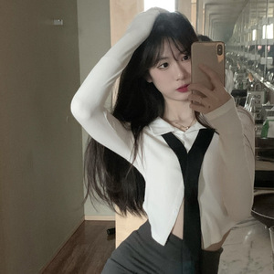 Women's <b>Set</b> Long Sleeve Shirt With <b>Tie</b> Gray Bodycon Skirt Navel Exposed Solid Color Knitted Breathable Fashion Outfit - Product Image 2