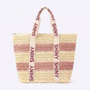 Bolso Tote de Paja Tejido a Mano Premium con Logotipo Personalizado SHINY, con Asa de Cinta a Rayas, para Compras, Vacaciones de Verano y Playa - Product Image 3