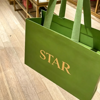 Sac cadeau en papier mat vert olive avec poignée en ruban tissé large vert assorti, logo en feuille d'or, sac de shopping de luxe pour boutique