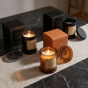 Candela Arovi in Cera di Soia Premium, Lussuosa e Semplice, in Barattolo di Vetro Marrone e Nero, Logo Personalizzato, Decorazione Vintage per la <span class=keywords><strong>Casa</strong></span> - Product Image 4